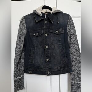 Free People distressed Black Jean Jacket with charcoal Sleeves